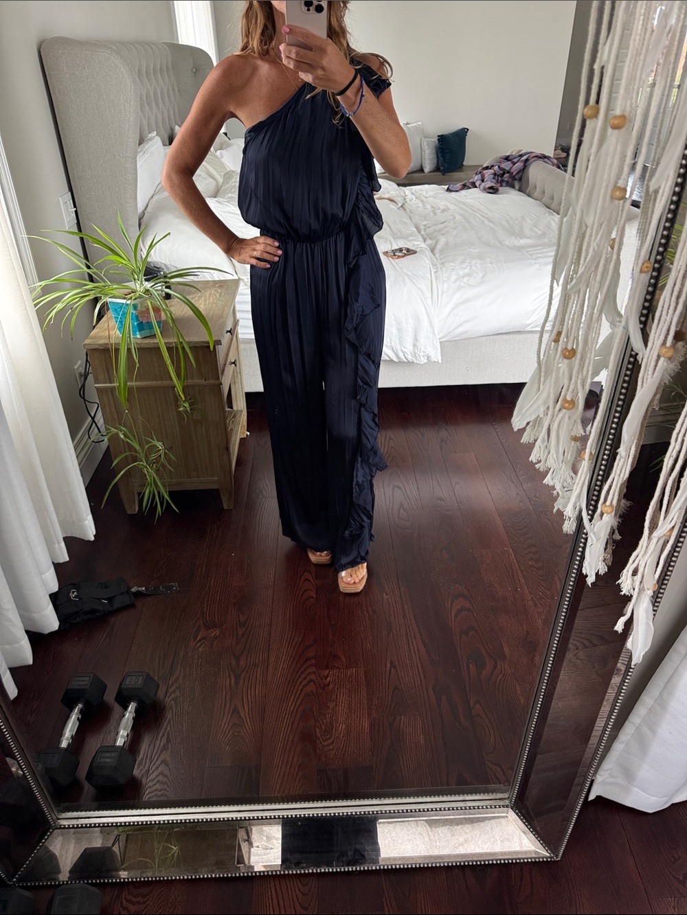 Zara Navy One-Shoulder Ruffled Jumpsuit